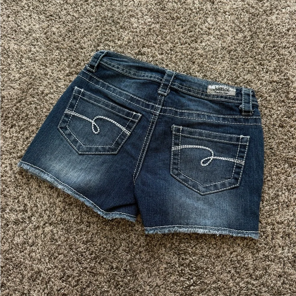 Justice Girls' Denim Shorts with Star & Stripe Patchwork - Blue, White, Red